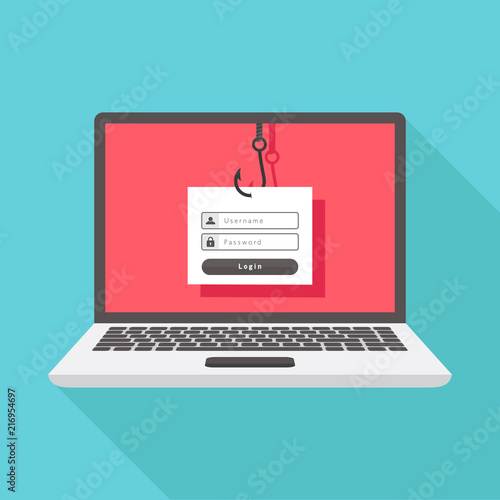 Internet crime phishing, login account, enter account on a laptop, fishing hook, flat design vector illustration