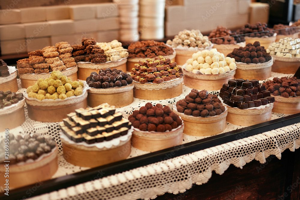 Chocolate Store. Chocolate Sweets On Shelves In Shop