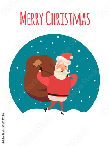 Santa Claus carrying sack full of gifts. Xmas time. Christmas coming. Vector illustration for your web design.