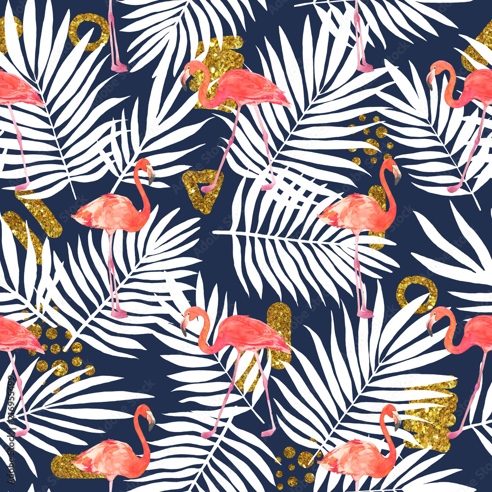 Fototapeta premium Bezszwowy akwarela wzór z ptasim flamingiem, tropikalnymi liśćmi i złotymi abstrakcjonistycznymi postaciami. Piękny różowy ptak. Tropikalny flaming.