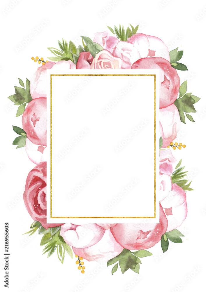 Watercolor hand-painted flower peony wedding invitation card template illustration on white background Watercolor hand-painted flower peony wedding invitation card template illustration on white background