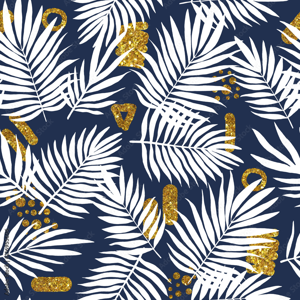 Seamless watercolor pattern with tropical leaves and golden abstract figures.