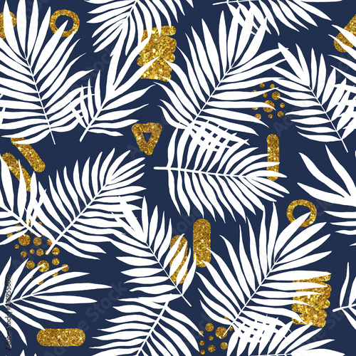 Seamless watercolor pattern with tropical leaves and golden abstract figures.