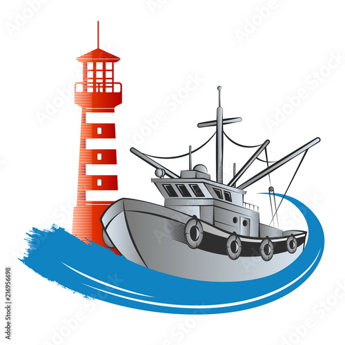 Fishing trawler and lighthouse
