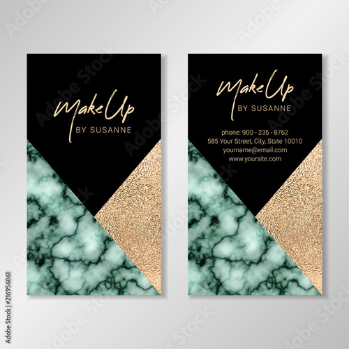 Business card design with geometric shapes, green marble texture and faux gold foil. Vector modern business card.