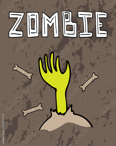Halloween greeting card with a zombie hand and hand-drawn lettering.