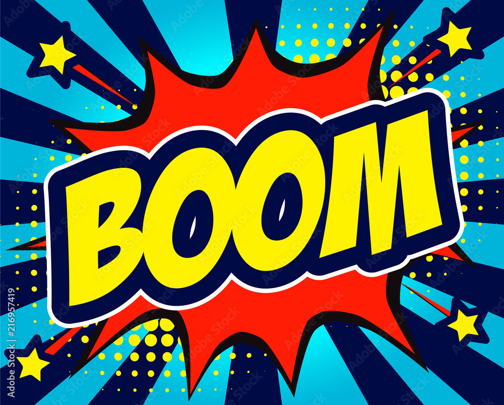 Fototapeta premium Boom comic text in speech bubble. Colored pop art style sound effect. Vector illustration banner