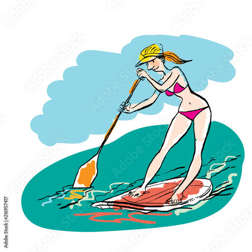 Woman doing Stand Up Paddling on Paddle Board on Water at Seaside.