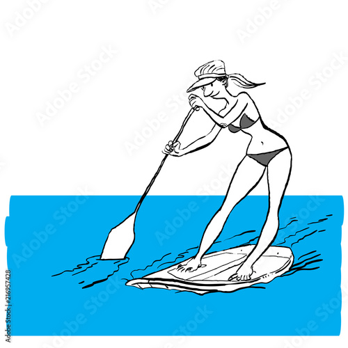 Woman doing Stand Up Paddling on Paddle Board on Water at Seaside.