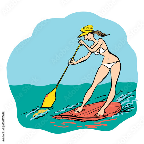 Woman doing Stand Up Paddling on Paddle Board on Water at Seaside.
