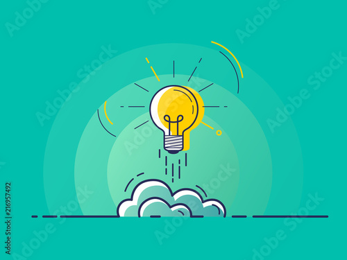 Light bulb rocket launch for idea boost. Trendy flat vector on green background. Vector Illustration.