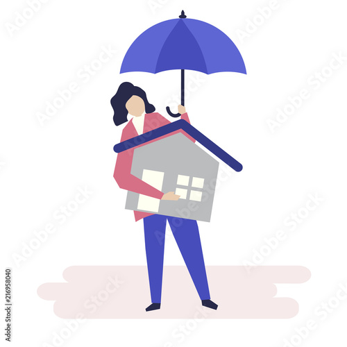 Character of a woman and residential insurance concept illustration