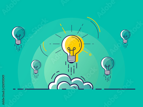 Set of light bulbs rocket launch with one glowing. Trendy flat vector light bulb icons with concept of idea on green background.