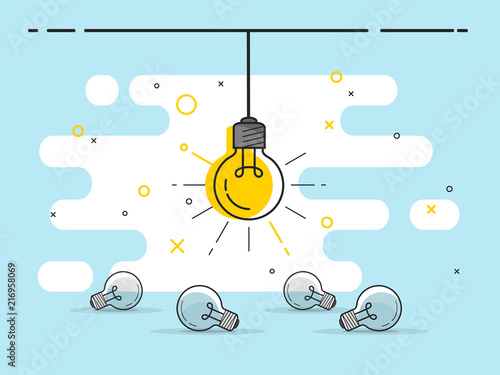 Set of laying light bulbs with one hanging and glowing. Trendy flat vector light bulb icons with concept of idea on blue background.