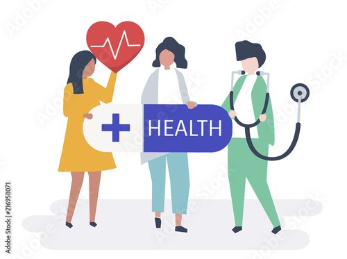 Characters of people holding healthcare icons illustration
