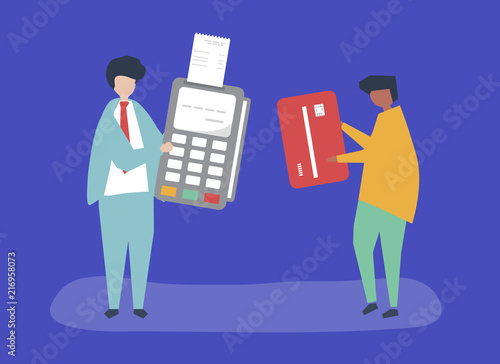 Characters of people making a credit card transaction illustration