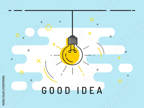 Light bulb with rays shine. Idea symbol.Trendy flat vector on blue background. Vector Illustration.