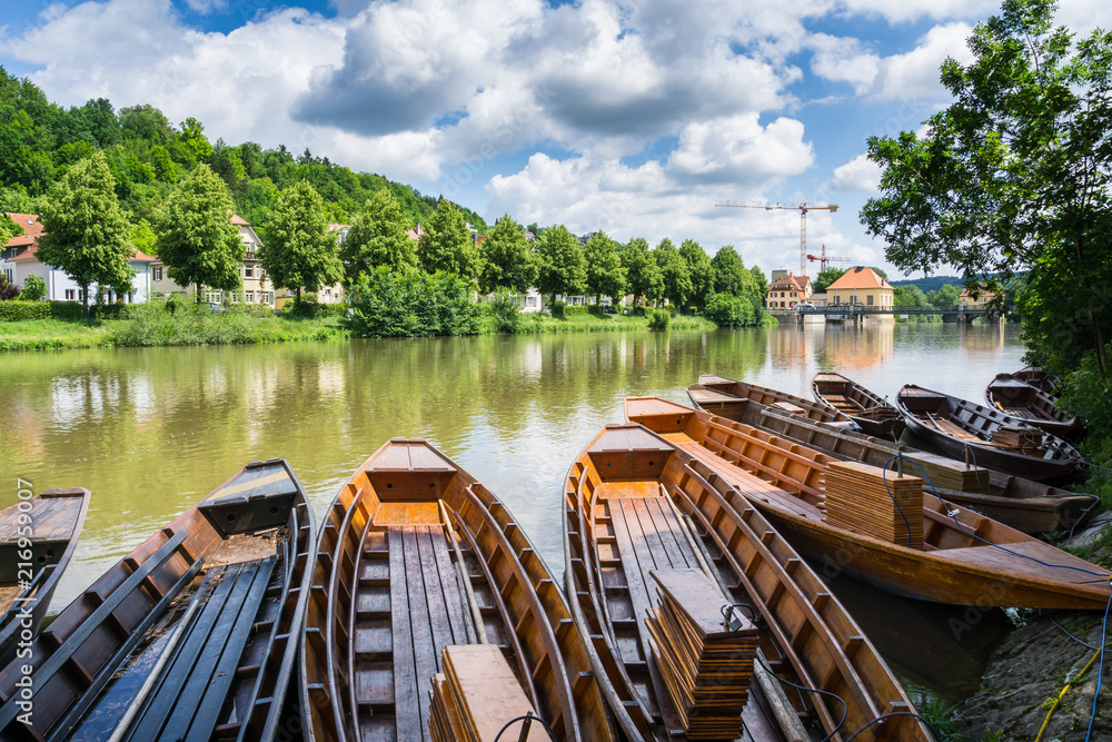 Germany, Many traditional wooden punt boats on Neckar river in Tuebingen City Germany, Many traditional wooden punt boats on Neckar river in Tuebingen City