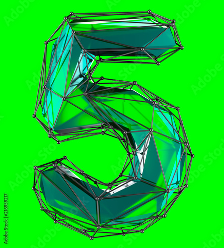 Number 5 five in low poly style green color isolated. 3d
