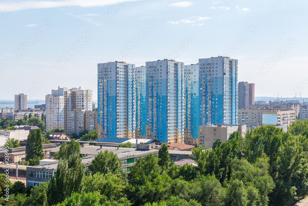Urban landscape from a height of 12 floors. Modern architecture, multi-storey residential buildings. City Of Saratov, Russia.