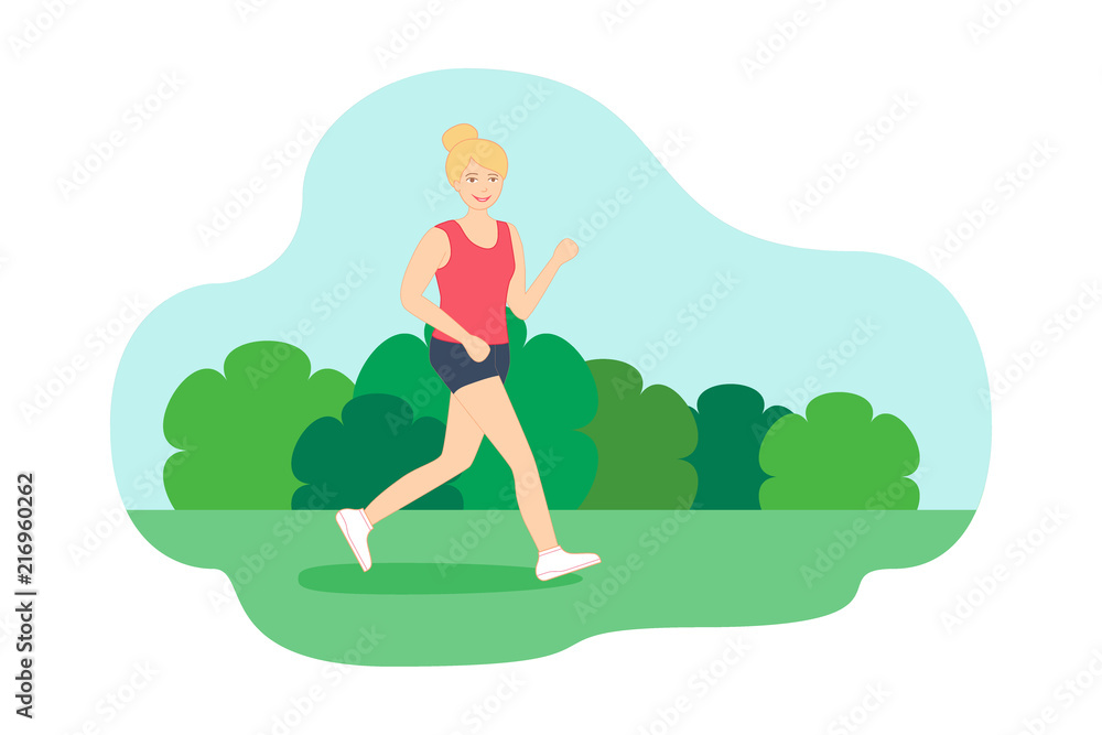 Young woman with blonde hair is running in the park. Poster, banner template. Sport life, outdoor activity, health lifestyle for women. Flat style vector illustration with modern city background.