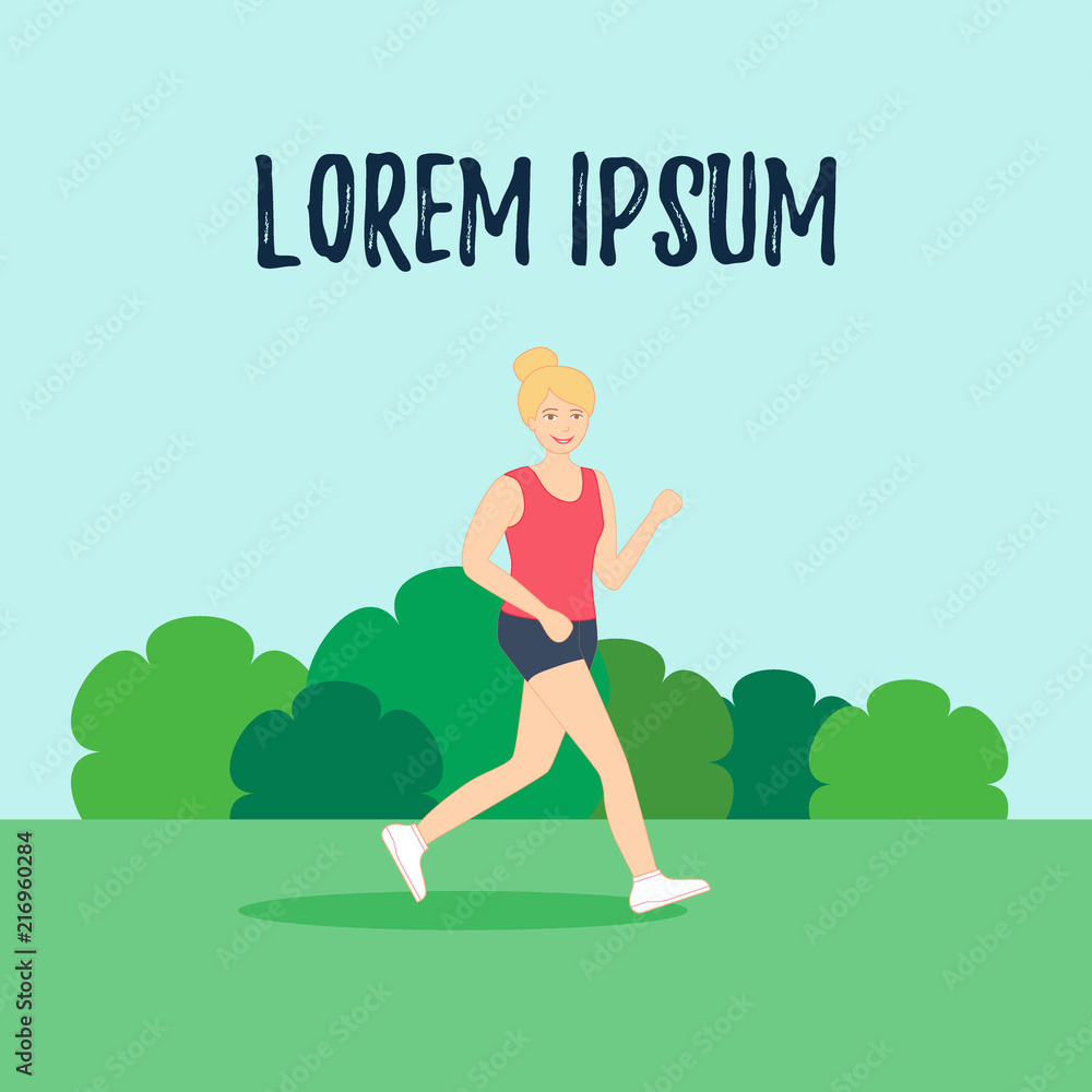 Young woman with blonde hair is running in the park. Poster, banner template. Sport life, outdoor activity, health lifestyle for women. Flat style vector illustration with modern city background. Young woman with blonde hair is running in the park. Poster, banner template. Sport life, outdoor activity, health lifestyle for women. Flat style vector illustration with modern city background.