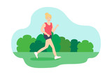 Young woman with blonde hair is running in the park. Poster, banner template. Sport life, outdoor activity, health lifestyle for women. Flat style vector illustration with modern city background.