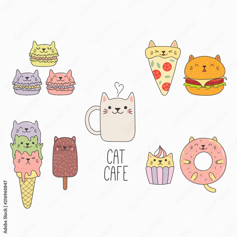 Hand drawn vector illustration of a kawaii funny food with cat ears, with  text. Isolated objects on white background. Line drawing. Design concept  for cafe menu, children print. vector de Stock