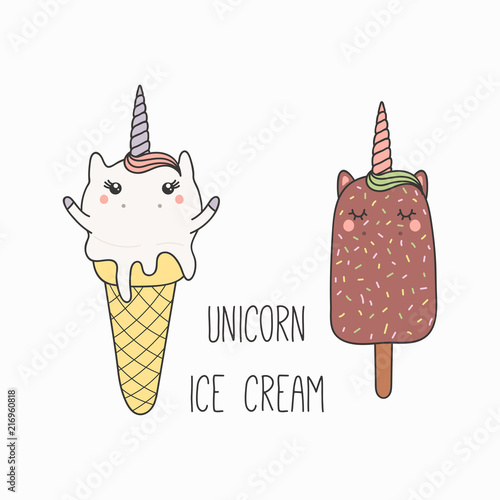 Hand drawn vector illustration of a kawaii funny ice cream with unicorn horn,...