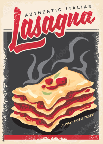 Lasagna retro promo poster design template. Authentic Italian food menu with hot and tasty lasagna  graphic
