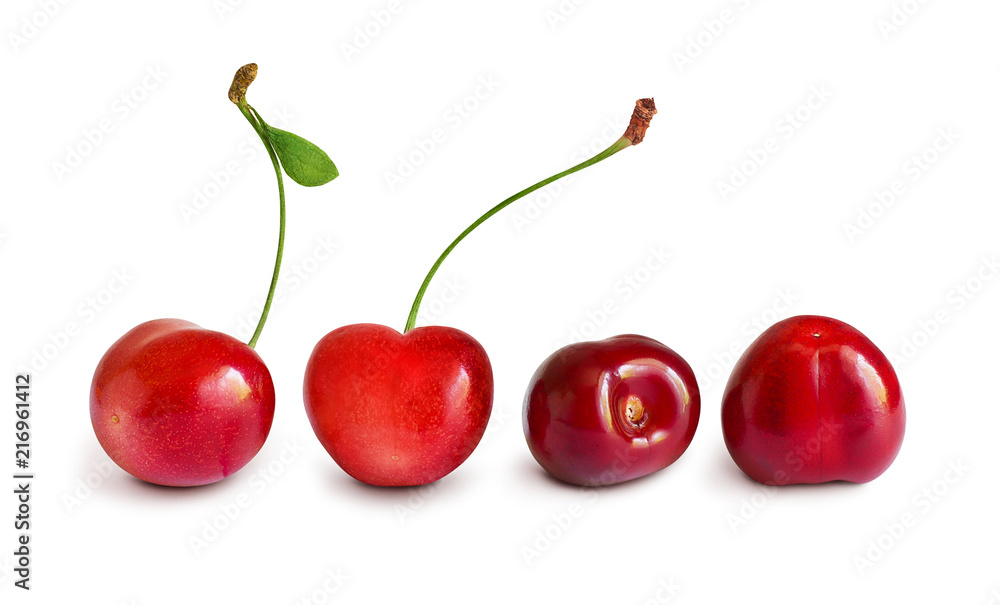Collection of four cherries isolated on white background. Set with summer berries in different angles Collection of four cherries isolated on white background. Set with summer berries in different angles