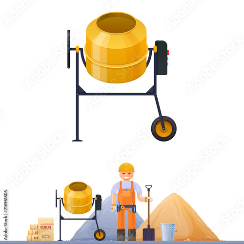 Concrete mixer, vector illustration concrete mixer builder sand cement shovel bucket, construction site.