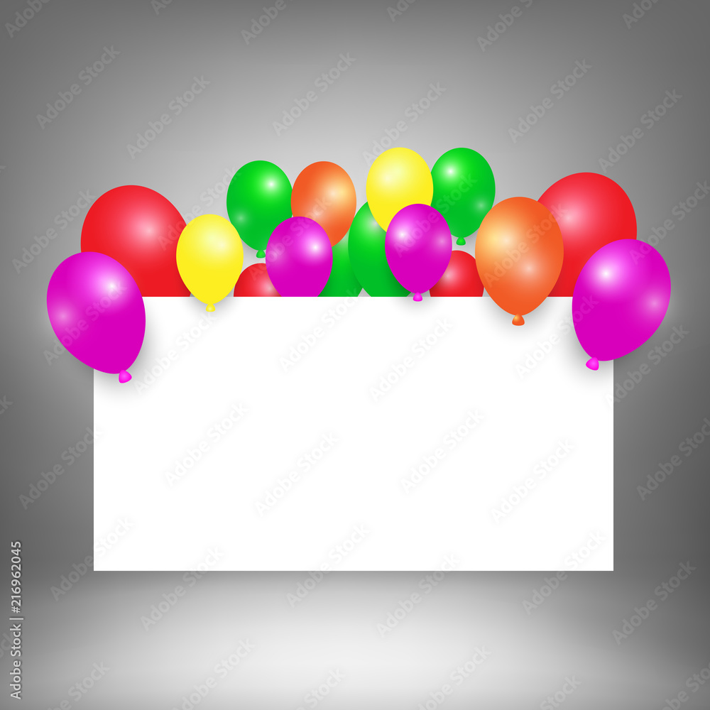 Naklejka Happy birthday2white board background for your text, celebration in birthday and anniversary with colorful balloon on gray studio room, vector and illustration