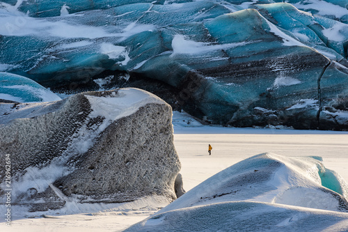 Iceland Aerial view of Svínafellsjökull Glacier - one small human walking photo