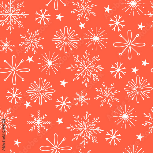 Christmas seamless pattern with stars and snowflakes. Seasonal vector print.