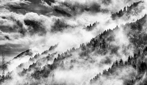 Slovenia clouds in nature after heavy rain in black & white