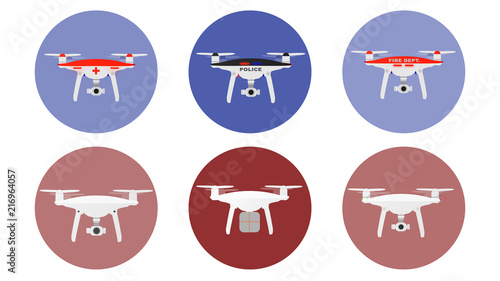 Drones icons with unmanned aircrafts of different purpose police, medic, fire, delivery etc. vector illustration.