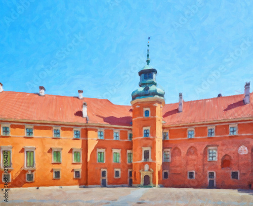 Painting on canvas of the courtyard of the royal castle in Warsaw, Poland 