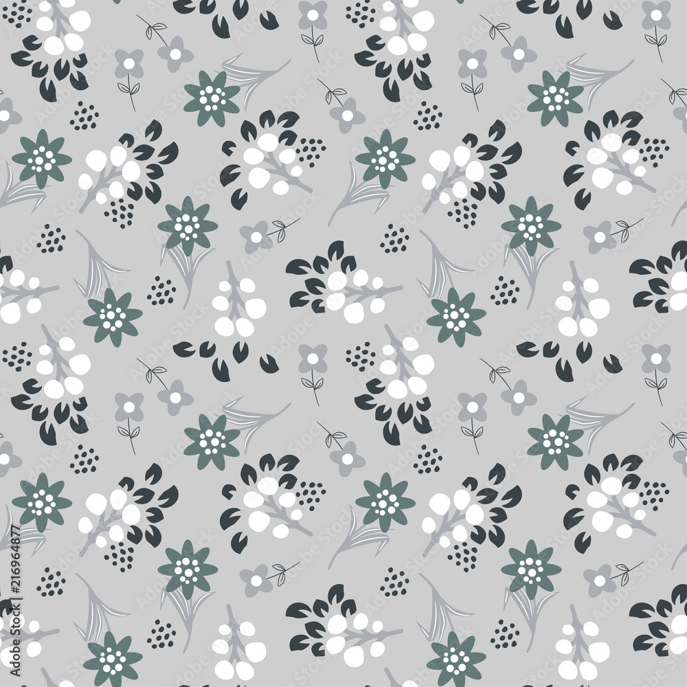 Floral gray seamless vector pattern. Flower bouquet repeat print design for textile and apparel.