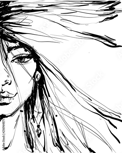 Glamour fashion beauty woman face illustration. Half of female face with one eye and make-up in ink style. Vector ink illustration isolated on white background.