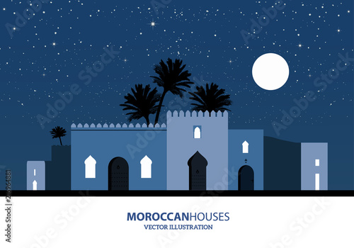 Night view of mediterranean, arabic or moroccan style houses, palm trees and the moon over starry background