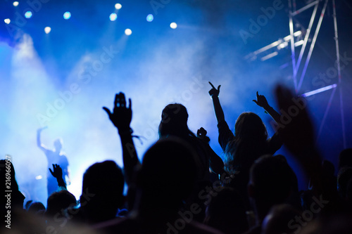 cheering crowd with raised hands at concert - music festival