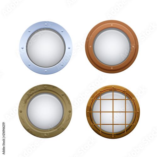 Set of round oval windows, portholes. Illuminators on submarine, ship.