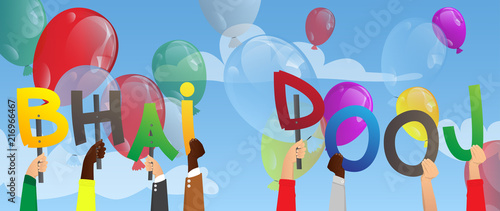Diverse hands holding letters of the alphabet created the word Bhai Dooj. Vector illustration.