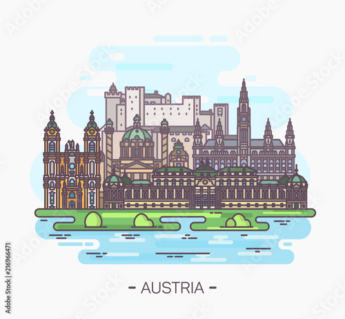 Panorama of Austria landmarks of Vienna, Salzburg
