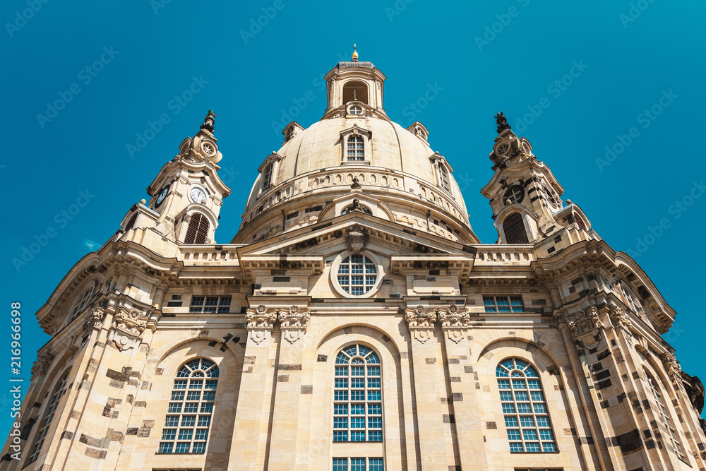 Dresden Frauenkirche dome on blue sky background
