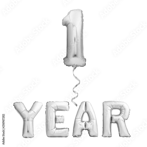 Obraz na plátně Silver 1 one year sign made of inflatable party balloons with ribbon isolated on