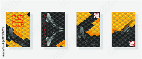 Set of fashionable modern design templates for covers. National oriental pattern, multi-colored fish scales of carp Koi. Vector illustration.