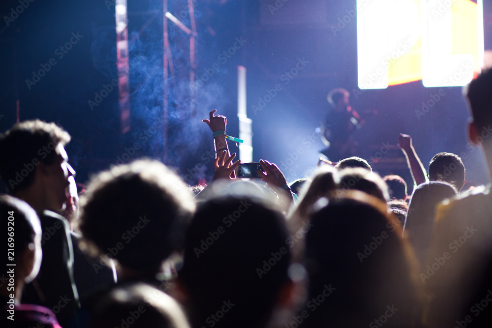 cheering crowd with raised hands at concert - music festival