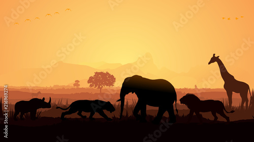 Wild animals silhouette, birds, elephant, deer